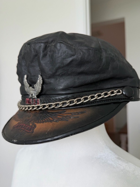 Vintage 90s Leather Biker Captain Hat USA Eagle Chain Moto Rocker Y2K Americana main image 16